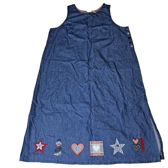 Koret City Blues Denim Jumper Dress 20W Patriotic Appliqué Buttons Lightweight - Picture 1 of 9